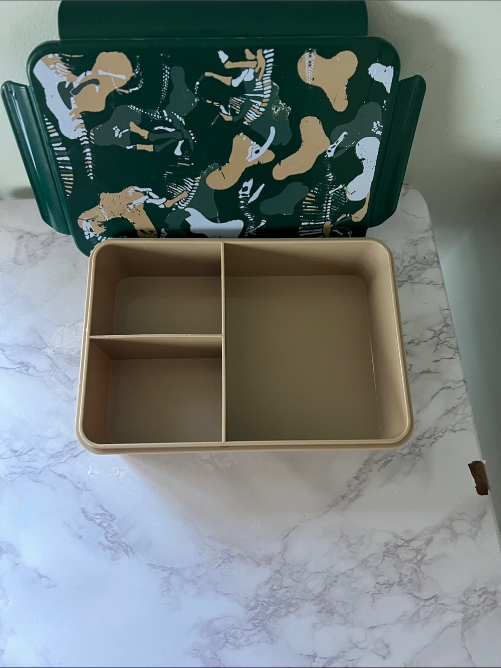 Beige Bento-Style Storage Box with Green Patterned Lid - Home Storage